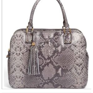 NEW Tory Burch Thea snake print 3 zip compartment purse bag satchel gray leather